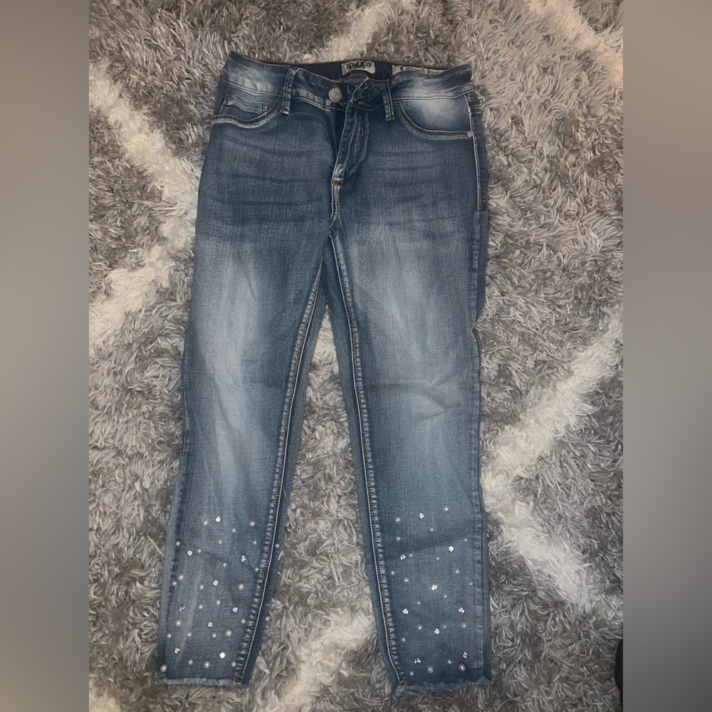 Blue Skinny Jeans with Rhinestone Embellishments